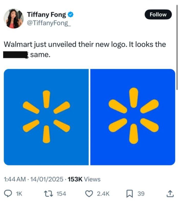 "Walmart just unveiled their new logo. It looks the same." - @TiffanyFong_ / via X.com